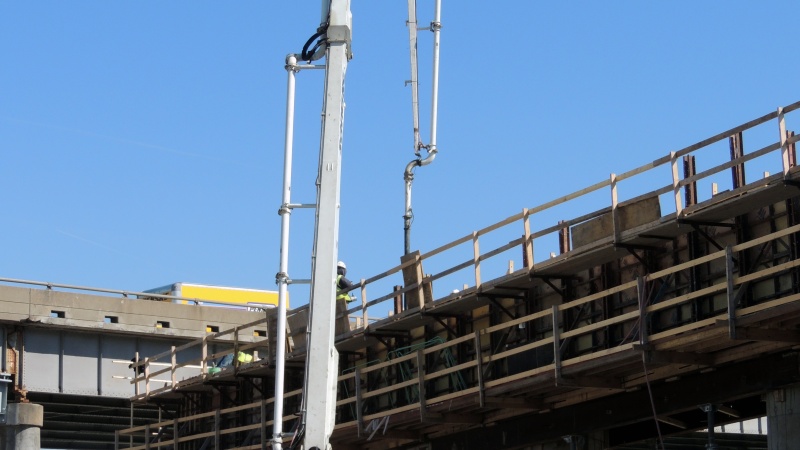 Crews place concrete for one of the westbound river bridge foundations