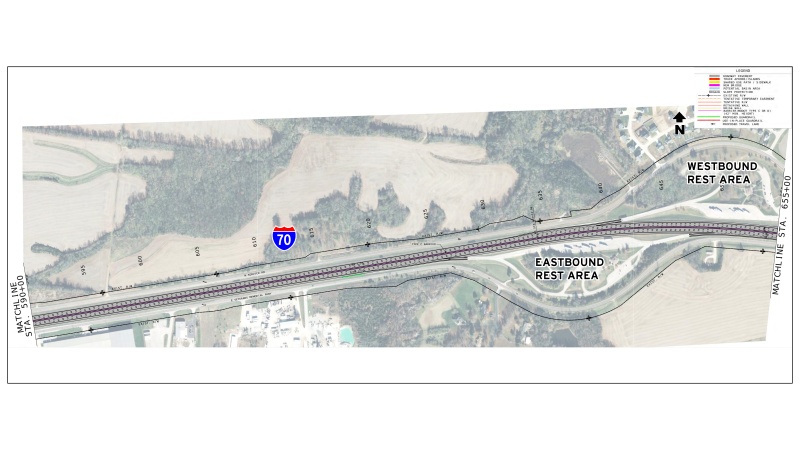 Display shows roadway plans for I-70 between mile markers 197 and 198.