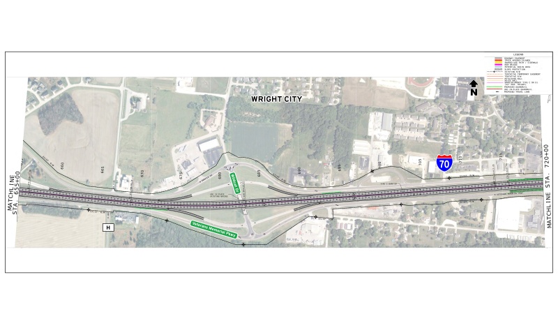Display shows roadway plans for I-70 between mile markers 198 and 199.