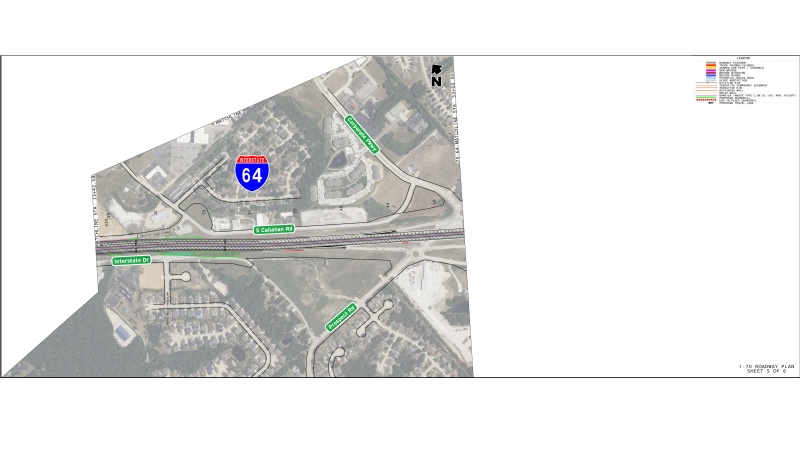 Display shows roadway plans for additional lane of I-64 at log mile 1.