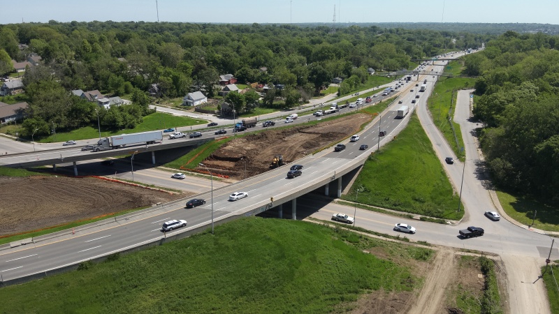 East-facing view of I-70 Jackon Curve with dirt work being done in median