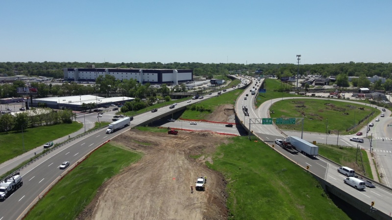 Aerial view dirt work beginning in median of I-70.
